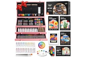 Shuttle Art 202 Piezas Maletin Pinturas, Estuche Pinturas con 4 Bloc de Dibujo, Lienzo, Pintura Acrílica, Lápices de Colores, Lápices de Cera, Pasteles, Kit Pintura para Niños Adultos, Rosa