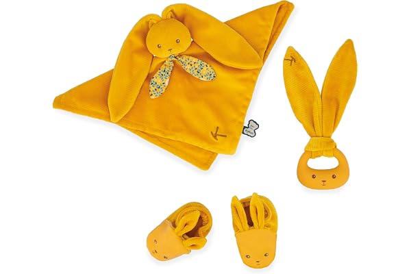 Kaloo - Lapinoo - Coffret de Naissance - Couleur Ocre - 3 Accessoires Bébé - Doudou + Anneau de Dentition Bébé + Chaussons 11 cm - Dès la Naissance, K218011