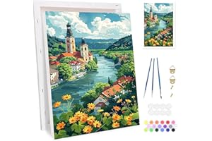 Bowetile Cabaña de Aldea Marco Pintar por Números para Adultos, Kit de Lienzo Paisaje para Principiantes, Kit Dibujo con Pigmentos Acrílicos para Decoración del Hogar 20x30cm