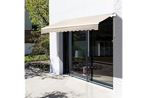 EA ARENA patio retractable manual awning garden sun shade canopy blue with fittings crank handle adjustable (Blue&White 3m x 2.5m)