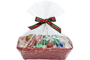H-Line Christmas Hamper Basket Rectangle Wicker Gift Basket with Cellophane Wood Shred Bow Set Wicker Gifts Hamper Red Split Willow Baskets Decorative Empty Gift Basket for Christmas (Red, Square)