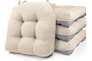 widesmile Chair Cushions for Dinning Chairs, Set of 4 Memory Foam Kitchen Chair Cushion with Ties and Non Slip Backing, Tufted Chair Cushions for Dining Room, 40cm x 40cm x 10cm, Begie