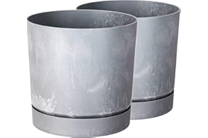 ‎TYMAR Tymar Blumentopf mit Untersetzer, 2er-Pack, dekorativer Pflanzentopf aus Kunststoff, Moderne, Runde Form, für Innenräume (ø 24 cm, (2pack) Beton)