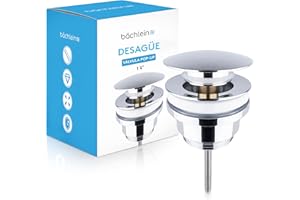 Bächlein Desagüe Universal con & sin Rebosadero (Ahorro de Espacio) para Lavabo & Lavamanos - Válvula Pop Up Automática Cromada incl. 3 Juntas para Todo Tipo de Lavabos - Instalación con Instrucciones