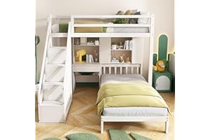 Moimhear Letto a castello, letto matrimoniale, multi-funzione, con scrivania e mensole, con rete a doghe, bianco, 90 x 200 cm