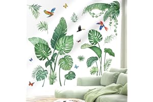 wondever Stickers Muraux Feuilles de Palmier Vertes Autocollants Muraux Mural Stickers Plantes Tropicales Oiseaux pour Salon Chambre Bureau