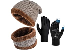 OOPOR Cappello Sciarpa Guanti Invernale Set - Uomo Donna 3 Pezzi Touch Screen Unisex Beanie Cappelli Fodera Pile Berretto Cappellino in Maglia per Outdoor Sport Running Bici Mtb Corsa Trekking Sci Moto