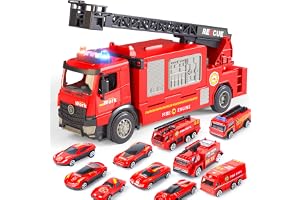 Skirfy Fire Truck Toy for Kids,12''Toddler Toy for Boys,Friction Powered Kids Firetruck Toys with Simulated Sound and Light,Ladder,Water Pump,Birthday Gifts for Boys Age 3-5