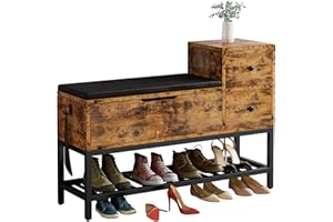 IRONCK Shoe Bench, 2 Tier Shoe Rack with Hidden Storage and 2 Drawers, Shoe Storage Bench with removable Seat Cushion and Shoehorn, Hallway Entryway Bench, 100x30x67cm, Vintage Brown