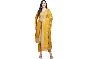 TRENDMALLS Damen Vichitra Seide Stickerei Salwar Anzug Set Kurta Hose mit Dupatta Gelb