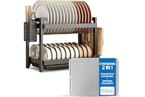 Shernax Scolapiatti da Appoggio con Tappetino Scolapiatti, Scolapiatti da Lavello a 2 Livelli con Vassoio Raccogligocce e Portautensili include tappetino in silicone