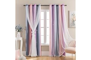 XIDI Dream Star - Cortinas opacas para habitación de niños, cortina de princesa para habitación de hija, ventana (gris, rosa, morado, 52 pulgadas de ancho x 63 de largo)