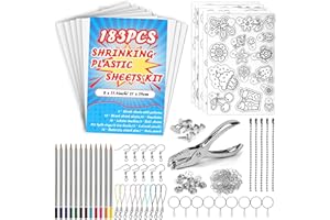 WOOWAIR 183 Pezzi Set di Fogli in Plastica Termoretraibile, Include 10 Shrink Plastic A4 e 5 Fogli di Pellicola Termoretraibile con Motivi,Perforatrice,Matite Colorate,Portachiavi,Ganci per Orecchie