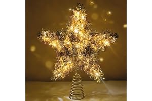 ‎LAWOHO LAWOHO Christbaumspitze Tinselstern, Vintage Weihnachtsdekoration, 10 Inch Glitzernd Goldener Christbaumschmuck mit 6H Timer, 50 Warme LED Lichter für Weihnachtsbaum, Holiday & Party, Indoor/Outdoor