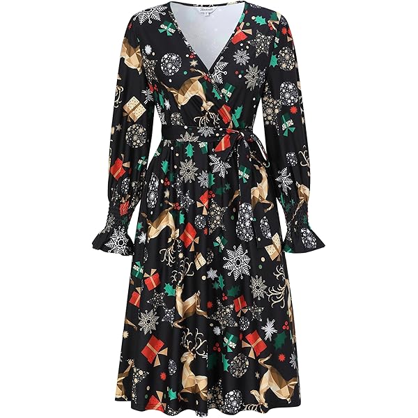 Kerstkostuum kerstjurk voor dames, lange mouwen, ronde hals, print, zachte jurk, modieuze swing-jurk voor cocktailparty's, rood, XXL