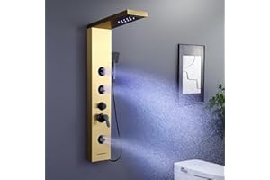 KINKIBOS Golden Shower Panel Tower with Mixer, 6-Mode: LED Rain＆Waterfall Shower, 2 Body Massage Jets, Handset and Bath Spout, Stainless Steel Shower Column