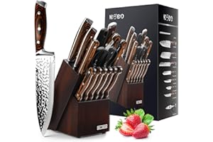 15-Piece Japanese Chef Knife Set with Sharpener, Block Wooden, HOBO Japan High Carbon Stainless Steel Boxed Kitchen Knife, Color Wooden Handle
