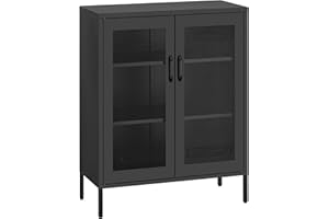 HOMSTEEL Aufbewahrungsschrank aus Metall, Sideboard-Schrank mit Gittertüren, Schnapsschrank mit verstellbaren Einlegeböden für Küche, Wohnzimmer, Home Office, Schwarz