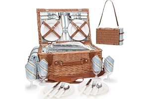 HAPPYPICNIC Set cestino da picnic per 4 persone – Cestini da picnic con grande scomparto isolato per raffreddare, tracolla regolabile, cestino in salice e coperta impermeabile con kit di servizio posate