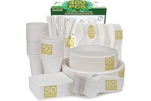 Aschef 400Pcs Assiette Jetable Pas Cher Blanche en Bagasse Bio Vaisselle Jetable Biodégradable Fourchette Couteau Cuillère Tasse Paille Serviette pour Fête de Mariage Soirée Party Camping 50 Invités