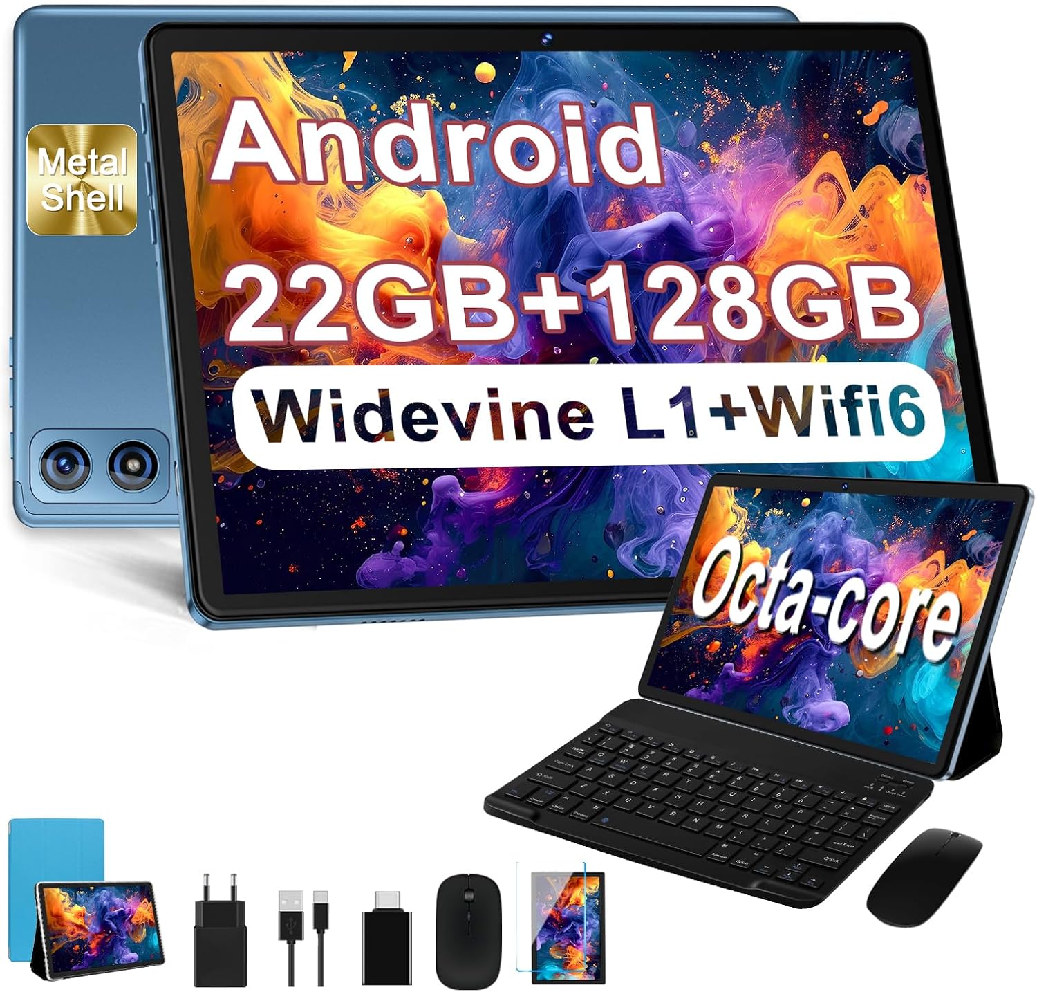 Dghrti Tablet Android 14 10 Pulgadas, 22GB RAM + 128GB ROM (TF 1TB), Octa-Core, 2.0GHz, Widevine L1, 8000mAh, Dual WiFi, 5MP+8MP, Carcasa MetÃlica, Tablet 2 en 1 con Teclado y Ratón-Azul