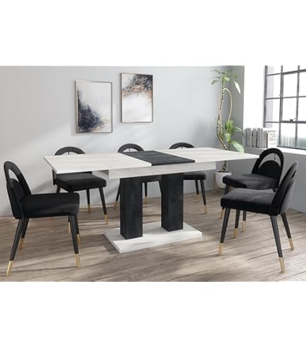 Uitschuifbare eettafel voor 6 tot 10 personen van keramiek, gehard glas en taupe metaal - Wit marmereffect