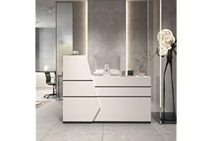 DEZAGCE Table de Réception Grand Comptoir Avec 1 Tiroir et 2 Étagères - Blanc, 140 x 100 x 110 cm