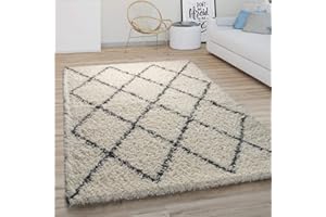 Paco Home Alfombra Salón Pelo Largo Shaggy Motivo Moderno Boho Escandinavo Rombos, tamaño:120x170 cm, Color:Crema 2