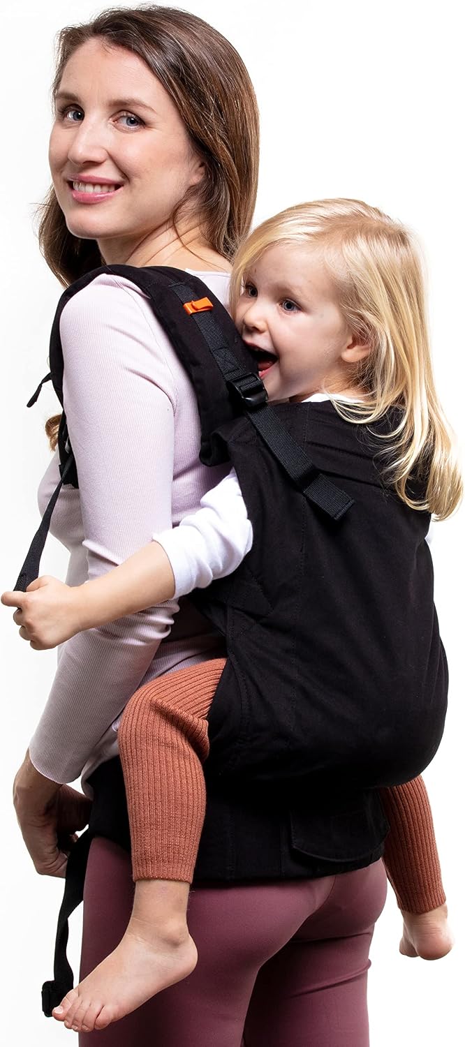 Beco Mochila porteo para niños con asiento extra ancho 100% algodón - Mochila para cargar niños liviana y respirable para usar en espalda o hacia el frente, Soporta niños de 9 a 27 kilos (Negro Pleno)