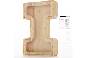 Wivico Wooden Letter Money Box|Reward Jar|Piggy Banks for Kids|Personalised Fillable Letters Clear Money Box|A-Z Letters Coin Bank for Christmas Birthday Gift/Keepsake|with Alphabet Stickers(I)