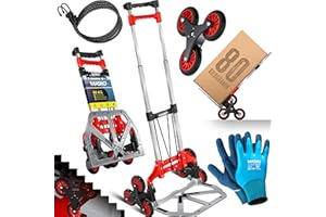 MASKO® Stufen-Sackkarre Treppenkarre Klappbar 80 kg Tragkraft 3x3 Treppensteiger inkl. Rädern + Expanderseil + Handschuhe - höhenverstellbarer Griff - Aluminium Handkarre für Transportkarre Rot