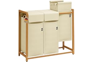 AdelDream Kosz na pranie 150 l – bambusowy kosz na pranie z 3 przegródkami, zdejmowany i oddychający worek na pranie, pojemnik na brudne pranie i przechowywanie w łazience, beżowy (beżowy-12-4)