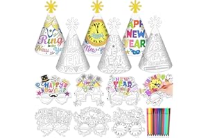 HOWAF 6PCS Colouring Happy New Year Hats Party Hats & 6PCS Colouring Paper Glasses, New Years Eve Decorations 2026 DIY Crafts for NYE Party Decorations 2026, A