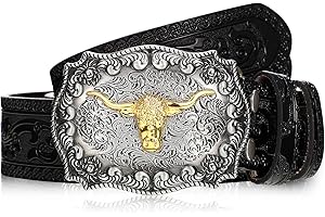 Jadive Herren Gürtel Western Cowboy Bull Leder Schnallen Gürtel Longhorn Schnalle mit Blumen Gravur für Männer