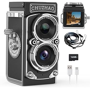 Mini Vintage Camera, Portable Retro Twin-Lens Reflex Style Digital Camera with 16GB Card, 12MP Photos, Autofocus, 1080P FHD Video, 1000mAh Battery and Dual Filters, Perfect for Kids, Teens and Adults