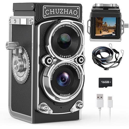 Mini Vintage Camera, Portable Retro Twin-Lens Reflex Style Digital Camera with 16GB Card, 12MP Photos, Autofocus, 1080P FHD Video, 1000mAh Battery and Dual Filters, Perfect for Kids, Teens and Adults