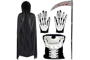 REDSTAR FANCY DRESS 4pc Adult Grim Reaper Costume Accessories - Half Skull Mask, Bloody Scythe Prop, Skeleton Gloves and Hooded Black Cloak - Halloween Skeleton Phantom Grim Reaper Halloween Costumes for Men