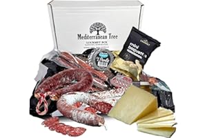 MEDITERRANEAN TREE Caja Cesta Gourmet regalo+Lote Herraduras Salchichon y Chorizo Ibericos Grande 500g + Queso curado Añejo+ 2 piezas de Fuets + Pates perdiz y Pedro Ximenez + Picos Artesanos