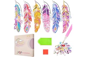 MATHARAGO 6-teiliges Diamant-Mal-Set für Kinder, Feder-Lesezeichen, Diamant-Kunst-Kits, DIY Kristall-Diamant-Kunst für Kinder, Erwachsene, Diamant-Mal-Lesezeichen mit Kristall-Anhänger (YQ088)