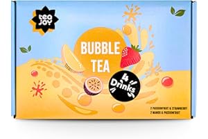 TeaJoy Fruit Bubble Tea Kit (Makes 4 Drinks) - Passionfruit & Mango Tea Syrups with Strawberry & Passionfruit Popping Boba - Just Add Water & Ice - Vegan-Friendly & Fun