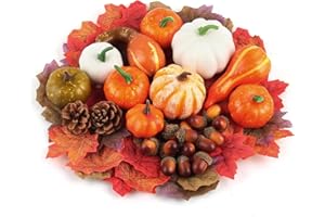 BINGGUNYO 86 Pezzi di Decorazioni Autunnali con 10 Zucche Artificiale, 60 Foglie di Acero, 14 Ghiande, 2 Pigne, Autunnali Decorazione fai da te, Decorazioni per Banchetti del Ringraziamento di Halloween