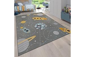 Paco Home Alfombra De Habitacion Bebe Infantil Niña Niño De Juego Antideslizante con Estrellas Planeta Cohete Lavable En Lavadora Gris Azul Amarillo, tamaño:120x160 cm