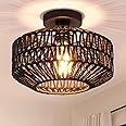 Surpars House Boho Rattan Ceiling Light Fixture, Mini Rattan Chandelier Lighting Fixture, Hand Woven Ceiling Light Fixtures for Hallway Bedroom Kitchen Entryway Living Room (Black)