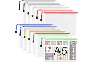 UMRIOX A5 Plastic Zip Folders - 12PCS A5 Mesh Zipper Pouch Plastic Zip Lock Bags Document Wallets File Zipper Bags Travel Storage Pouch for Office Supplies and Travel Accessories
