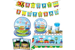 FRUITFUL PARTY Zug Geburtstag Party Supplies,128pcs Zug Geburtstag Party Geschirr Set-Zug Geburtstag Teller Tischdecke&Zug Banner etc Train Kindergeburtstag Deko