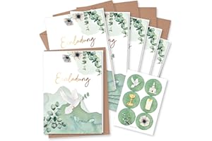 ‎PAPIERDRACHEN Papierdrachen 6 Einladungskarten für christliche Feste wie Taufe, Kommunion, Konfirmation, Firmung - Motiv Eukalyptus - Klappkarten mit Umschlag und passenden Stickern- DIN A6 - Set 3