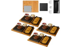 CAWI Tabla para carne, tabla de servir de piedra volcánica, tabla de bambú con parrilla de piedra caliente, placa para carne, placa de piedra, juego de barbacoa de mesa