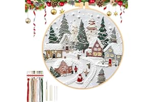 DAMIGHT Christmas Embroidery Kit,DIY Embroidery Needlepoint Supplies Kit for Adults Beginners- DIY Home Decor Village,Christmas Embroidery Kits Crafts Includes Hoop Cloth Needles Threads
