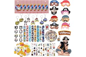 Acebwhtoy Piraten Kindergeburtstag Deko,Piratenparty Geburtstag Mitgebsel,158 Stück pirat Spielzeug mit Schlüsselanhänger Ring Schnapparmband Masken Goldmünzen Geschenktüte und Tattoo Aufkleber
