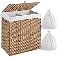 TOBSD Double Laundry Basket with Cover Wicker Laundry Basket, Double Laundry Hamper for Bathroom,22 x 12.2 x 24inches